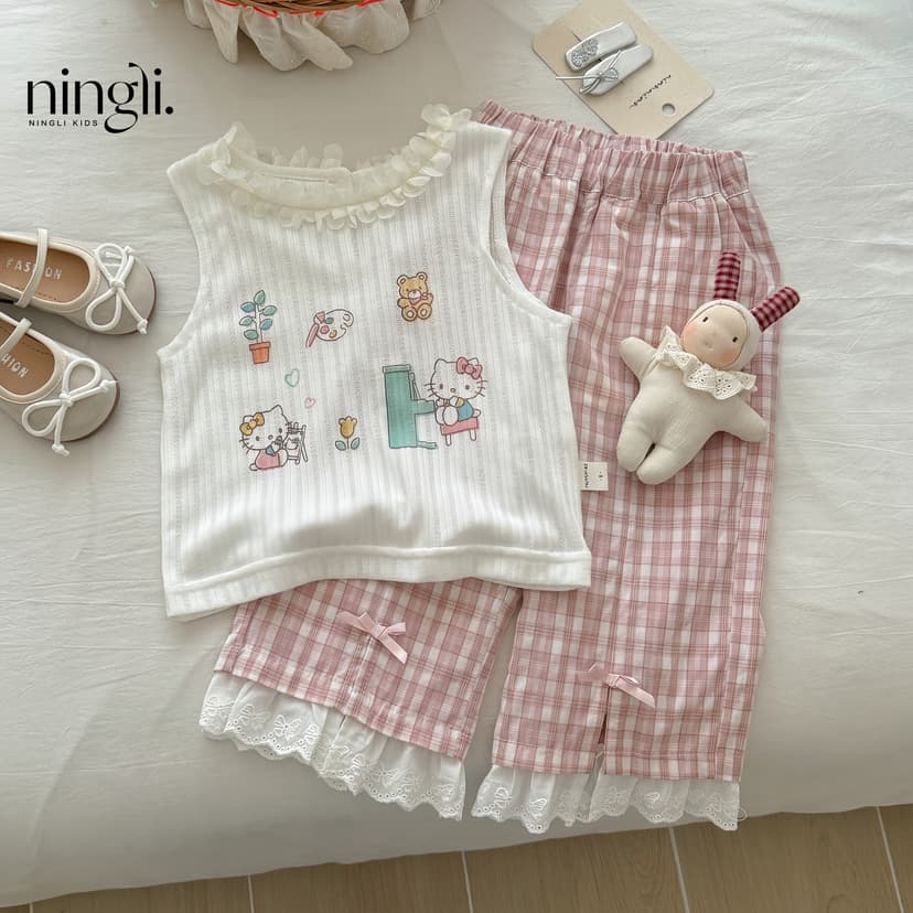 Lime Girl's suit Summer Women's Baoyang Style Cute Sleeveless Vest Pants Baby's Summer Clothes Two-piece Set