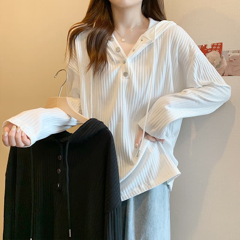 Wholesale Solid Color Hooded Sweatshirt for Women Spring and Autumn Design Loose Long-Sleeved Bottoming Shirt Top Slimming Buttons