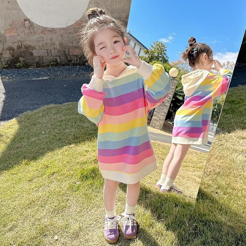 Girls' Sweatshirt Dress 2026 Autumn New Style Korean Style Fashionable Mid-Length Rainbow Striped Children's Dress