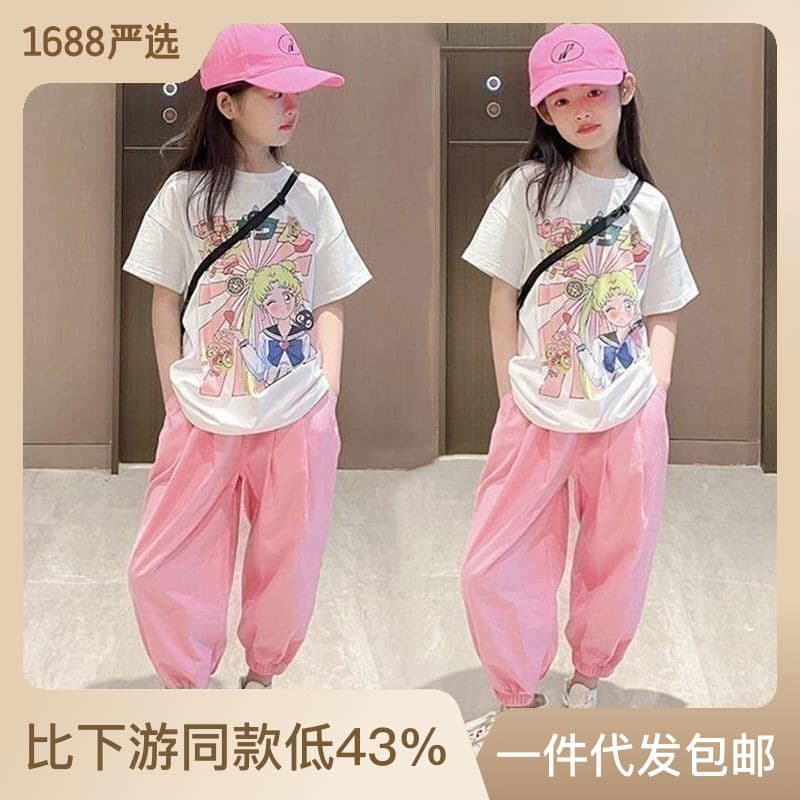 Sailor Moon Kidsren's Clothing Korean Style Medium and Large Kidsren's Girls Summer Short-Sleeved Nine-Point Pants Suit Two-Piece Set Kidsren's Casual