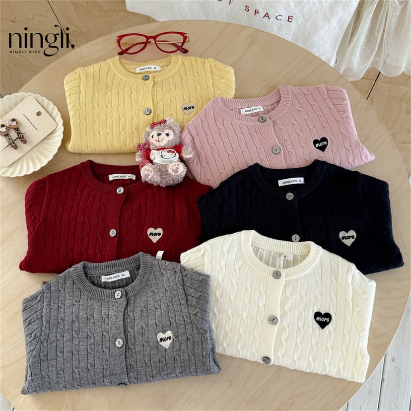 Ningli Children's Love Knitted Cardigan Tops Spring and Autumn New Medium and Large Girls' Tops Baby Korean Cable Sweater