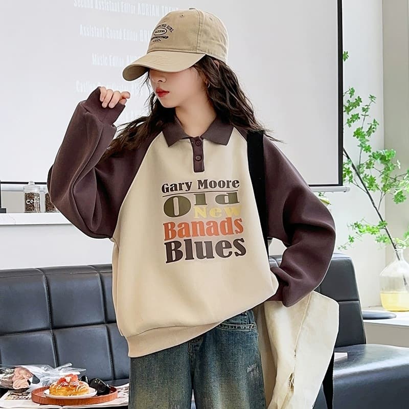 Girls' Spring and Autumn Korean-style 2025 New Fashion Western-style Letter Printed Lapel Sweater