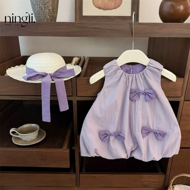 Taro purple! Lemon Baby Girl Summer Trendy Design Niche Bow Cute Sweet Flower Bud Vest Dress