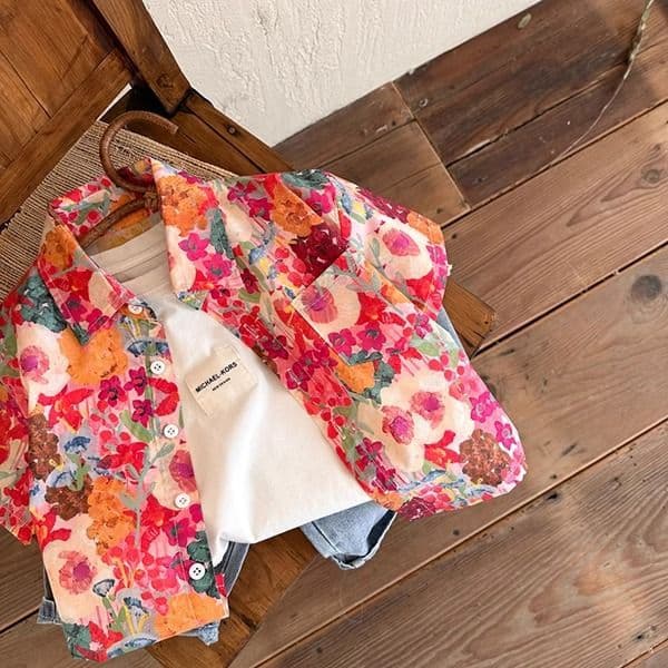 Boys' Hong Kong Style Short-Sleeved Floral Shirt Jacket Summer New Kidsren's Holiday Style Top Baby Seaside Vacation Summer Wear