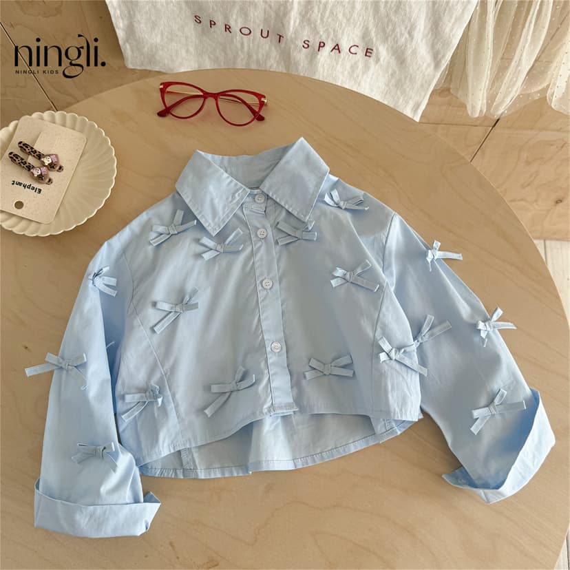 Girls' Bowknot Shirt Spring Autumn New Trendy Children's Casual Spring Korean Style Short Shirt Fashionable