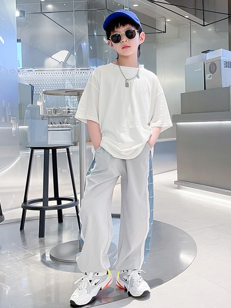 Boys' Summer Outfit Set Big Kids Short Sleeve Long Pants Sports Summer Trendy Stylish Children's Sweatpants