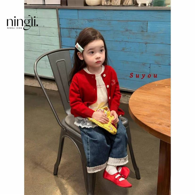 Ningli Children's Clothing 25 Autumn New Girls Korean Style Kitten Embroidered Knitted Cardigan Lace Denim Straight-Leg Pants