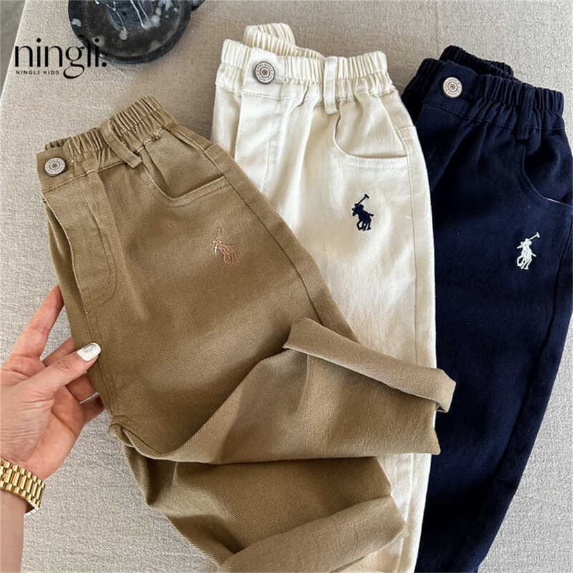 Ningli High-Quality Children's Long Pants for Boys and Girls, High-Elastic Cotton Children's Pants, Stylish Embroidered Casual Pants for Young Children