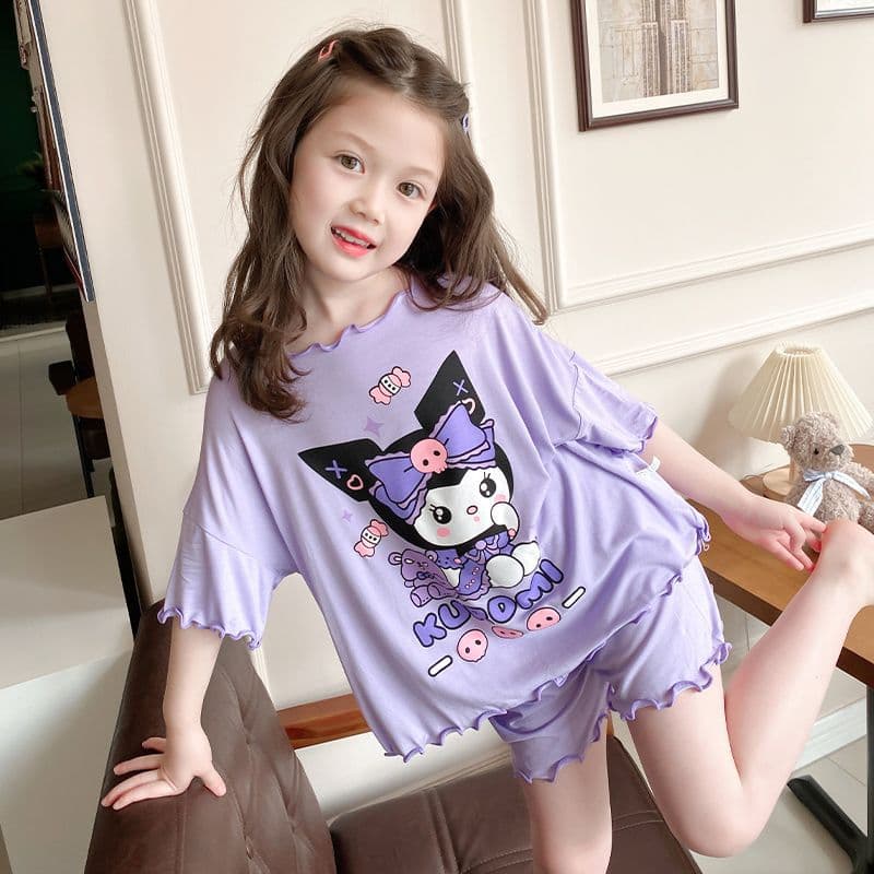 Ice Silk Pajamas Summer New Short-sleeved Shorts Girls Kulomi Small and Middle-aged Children's Little Girl Baby Home Clothes suit