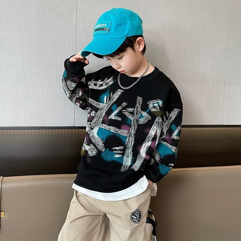 2025 Spring and Autumn New Medium and Large Children's Round Neck Graffiti Style Sweatshirt Korean Style Fashionable Soft Casual Easiest for Match