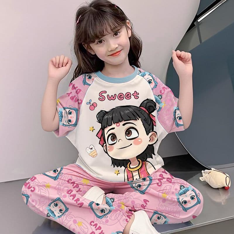 Children's Pajamas, Girls' Summer Ice Silk Cool Short-Sleeved Pants, Home Clothes Set, Fashionable Little Girl Cartoon Tops