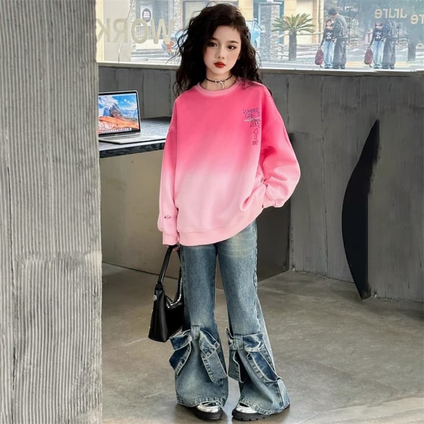 Girls' Korean-Style Tie-Dye Sweatshirt, Spring and Autumn 2026 New Model, Gradient Casual Long-Sleeve Top for Older Children