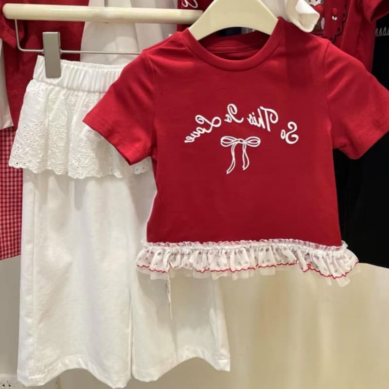 Girls' Summer suit 2025 New Children's Western-style Letter Printing Stitching Lace Short-sleeved Top Pants