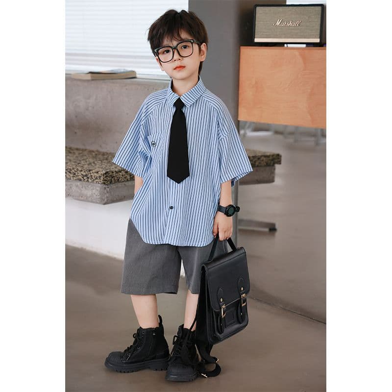 Boys' Summer Short-Sleeved Shirts, Kidsren's Summer Korean Style 2026 New Baby Stripesd Preppy Style Shirts, Kidsren's Clothing for Men