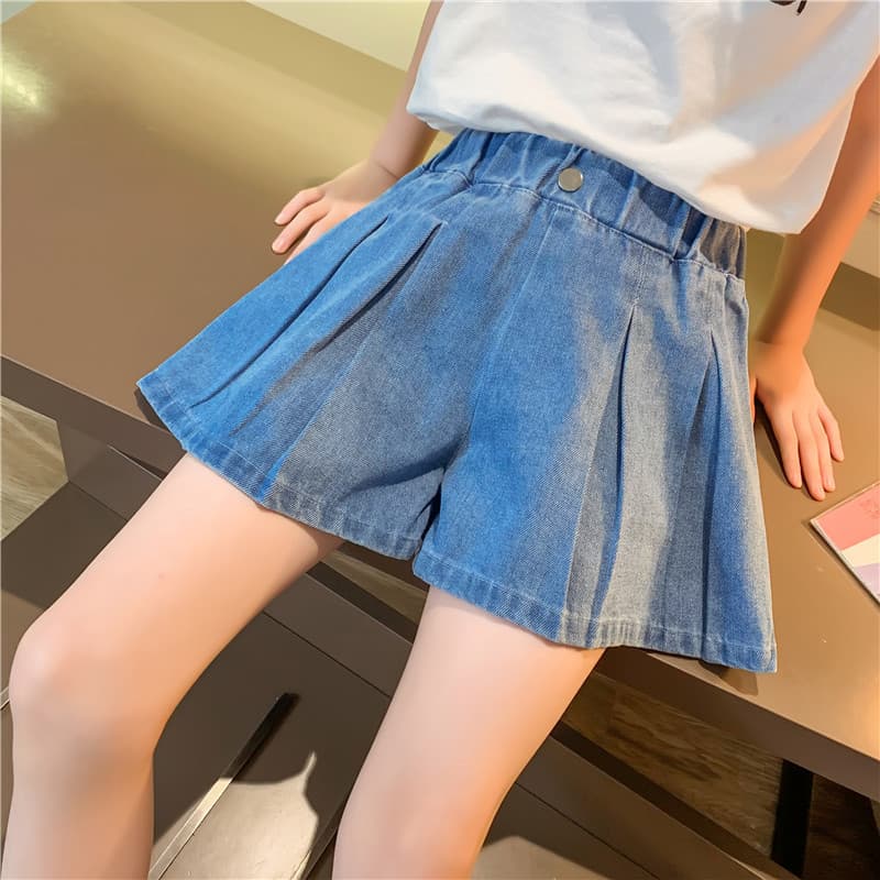 Girls' Children's Wear Summer Wide Leg Denim Shorts Pleated Skirt Large Children's Loose Hot Pants Girls' Casual Skirt Pants
