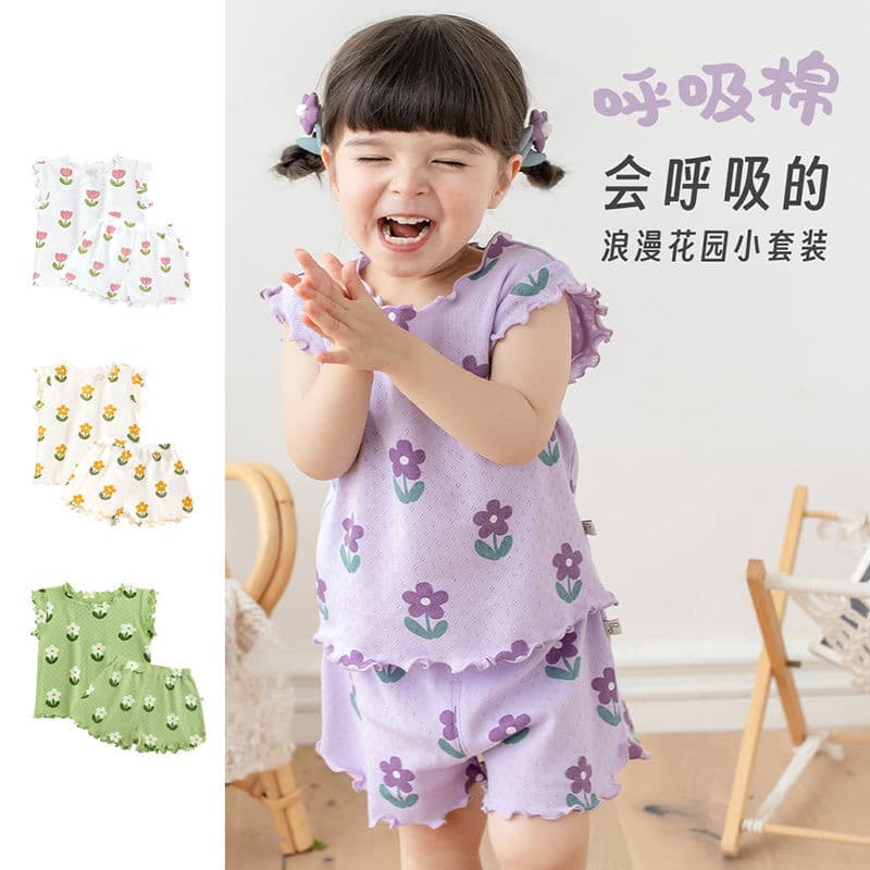 Children's Short-Sleeved Shorts Home Clothes Baby Girl Thin Breathable Air-Conditioned Clothes Ice Silk Girls Summer Pajamas Flowers