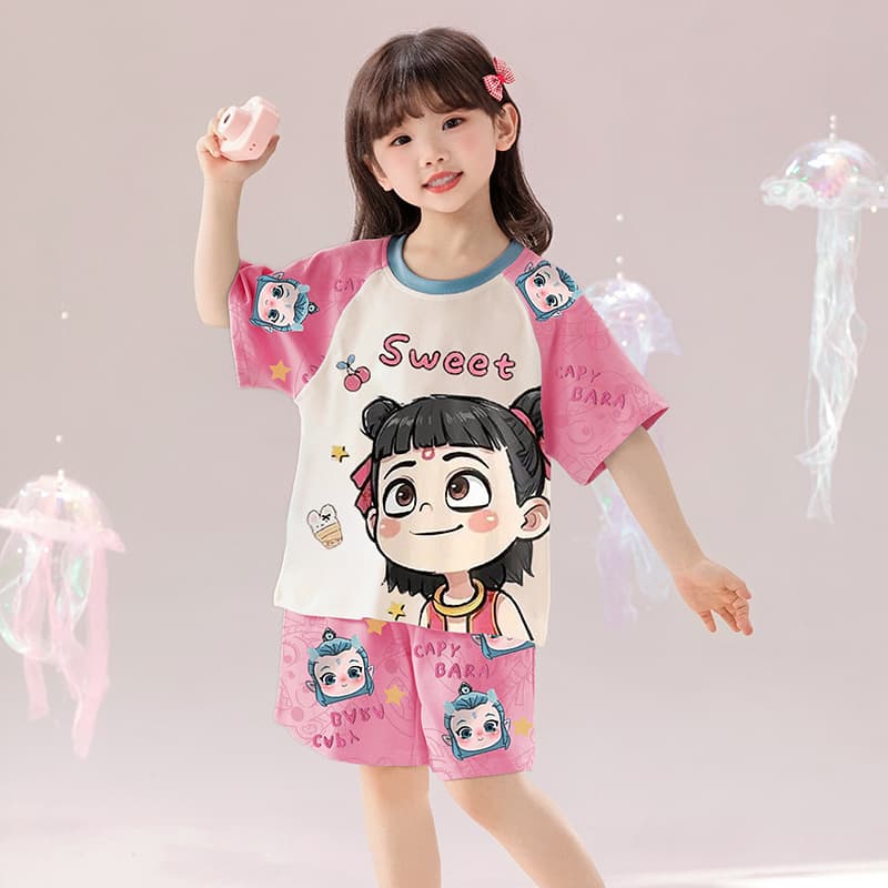 Ice Silk Cool Girls' Pajamas Korean Style Summer Short-sleeved Breathable Small and Medium-sized Children's Round Neck Girls' Home Clothes Two-piece Suit