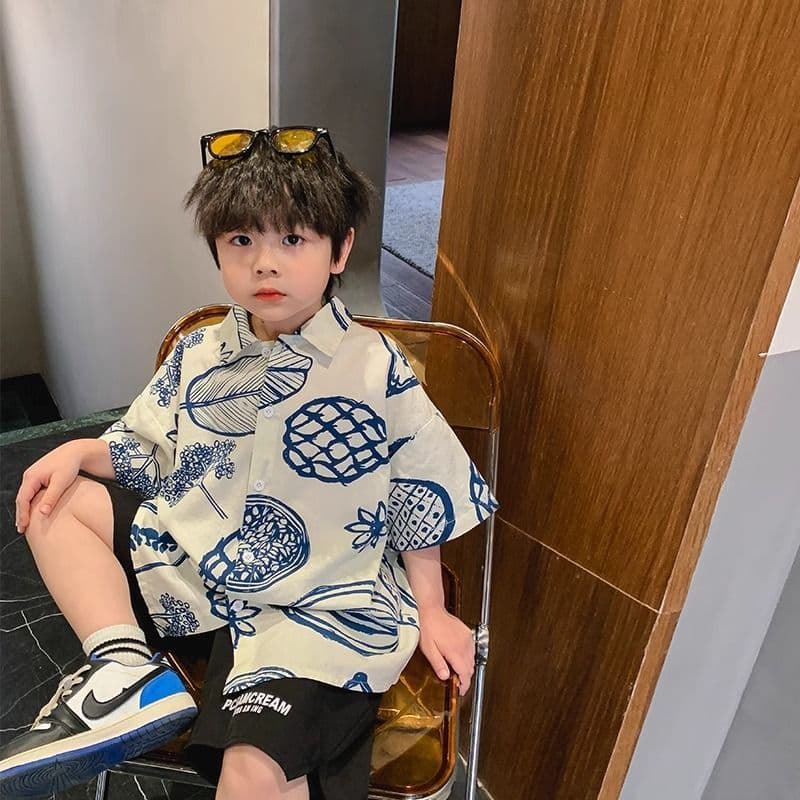 [Four-Sided Elastic Printing] Children's Short-Sleeved Shirts, Summer Thin Styles, Small and Medium-Sized Kidsren's Style Tops, Boys' Shirts, Korean Style