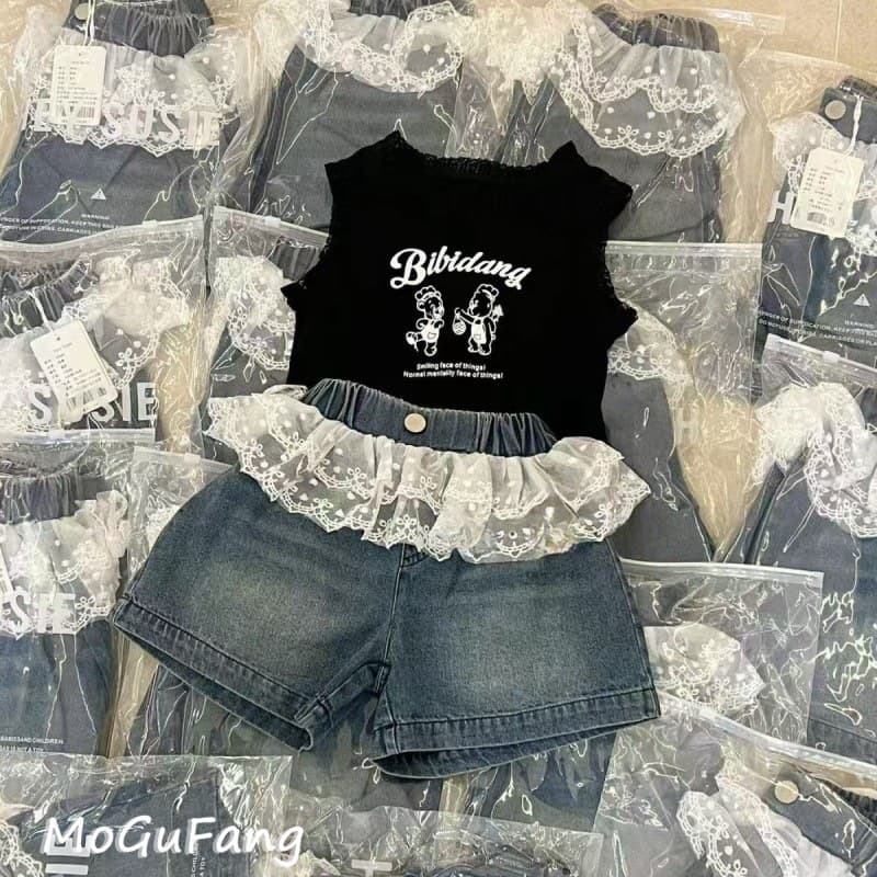 Girls' Pants 2025 Summer New Cartoon Vest Western Style Children's Lace Denim Shorts Baby Girls' Trendy Pants