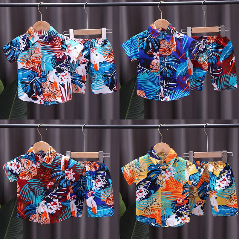 Summer Short-Sleeved Suit for Kidsren Aged 0-4 Years Old, Boys' Printed Shirt 2-Piece Set, Southeast Asian Style Kidsren's Clothing for Boys