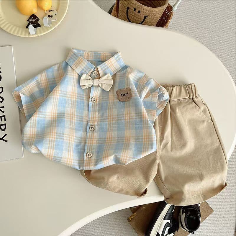 Boys Summer Suit New Style Children's Short-Sleeved Fresh Plaid Fashionable Baby Summer Children's Suit Cartoon New