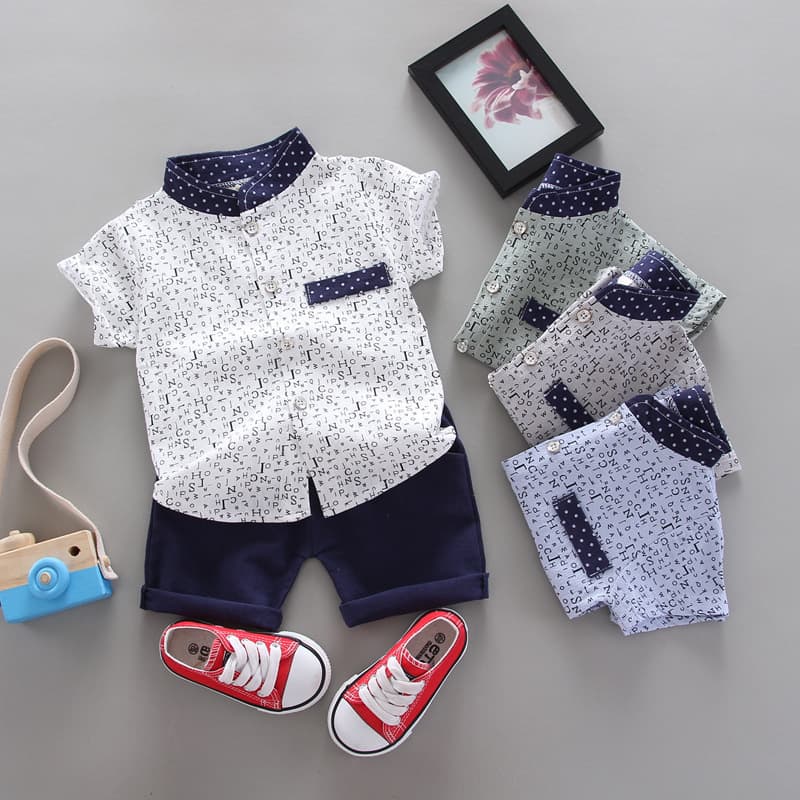Cross-border children's clothing wholesale children's short-sleeved suit summer boys' printed letter shirt Boys' short-sleeved T-shirt 2-piece set