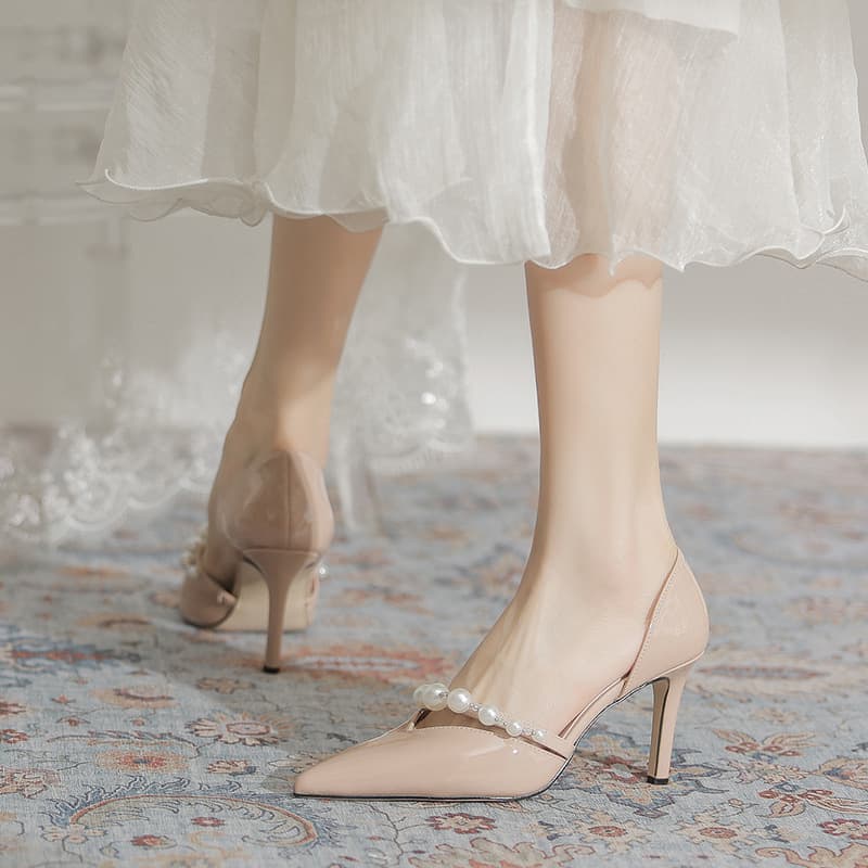 6268-12 Pearl Hollow Single Shoes Women's Stiletto Pointed Toe Shallow Mouth Fashion High Heels Bridesmaid Shoes Banquet Wedding Shoes