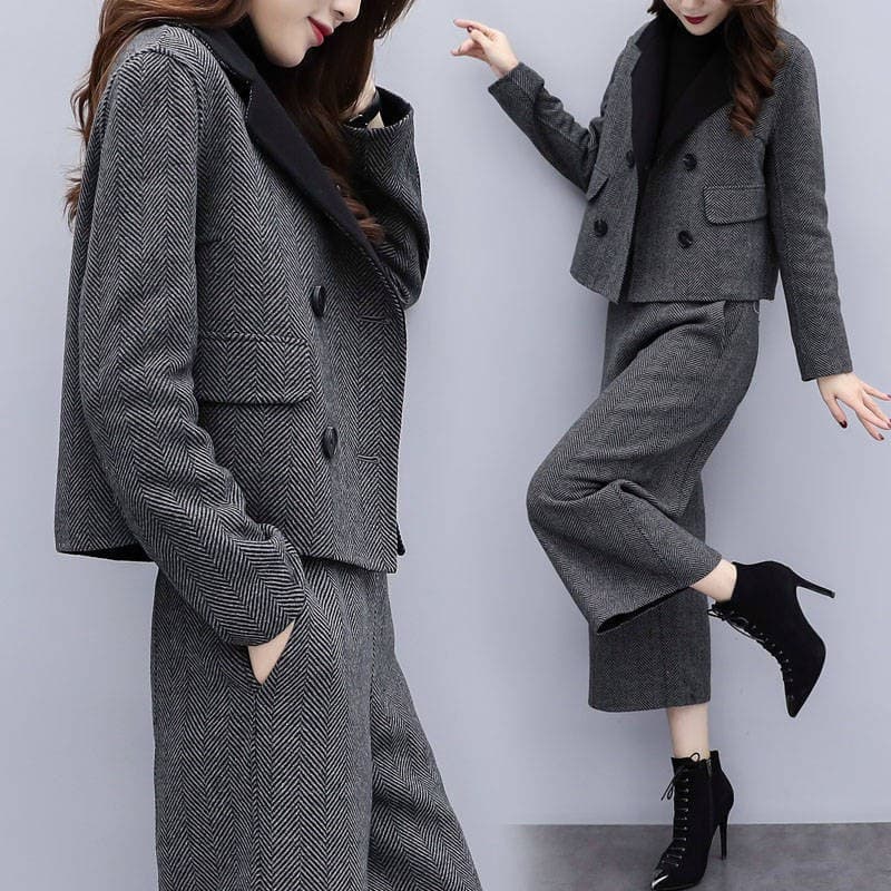 2025 New Women's Autumn and Winter Two-Piece Set Herringbone Woolen Coat Wide-Leg Pants Casual Fashion Suit Women's Trend