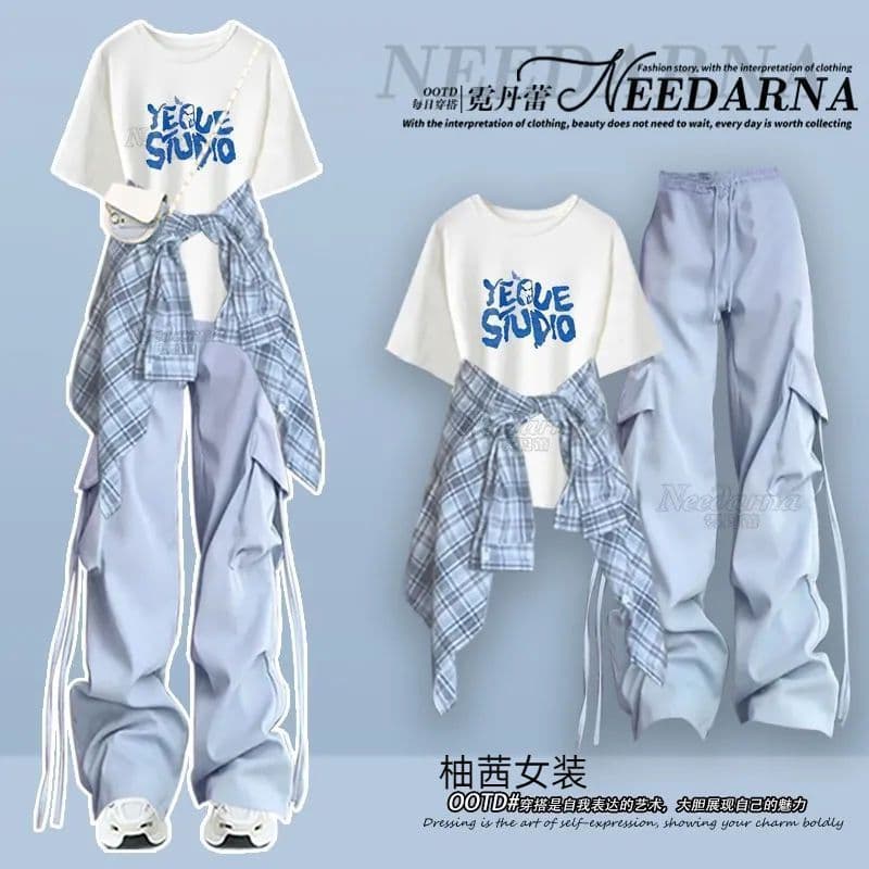 Three-Piece Set] Summer New Dopamine Wear Age-Reducing Fashion Suit Short-Sleeved T-Shirt Shirt + Street Cargo Pants