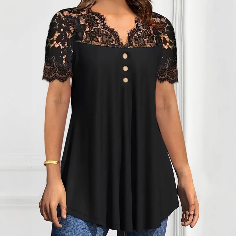 2025 cross-border Amazon TEMU spring and summer Europe and the United States new women's solid color lace short sleeve V-neck casual shirt