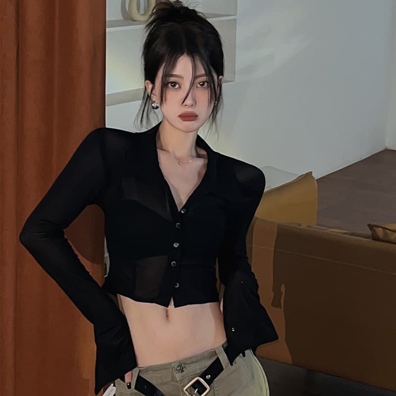Vintage Sexy Spice Girl Mesh Shirt Women's Early Autumn 2022 New Design Sense Long Sleeve Short Base Shirt Top