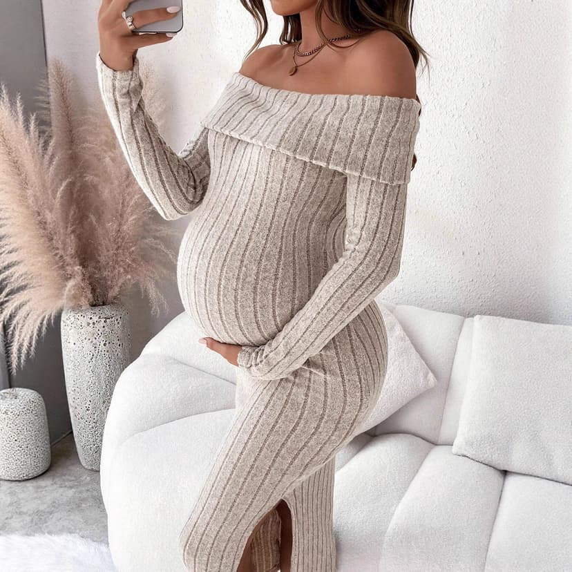 European and American Maternity Wear Export Autumn and Winter 2025 One-Line Collar Off-Shoulder Slim Hip Skirt Long-Sleeved Knitted Maternity Dress