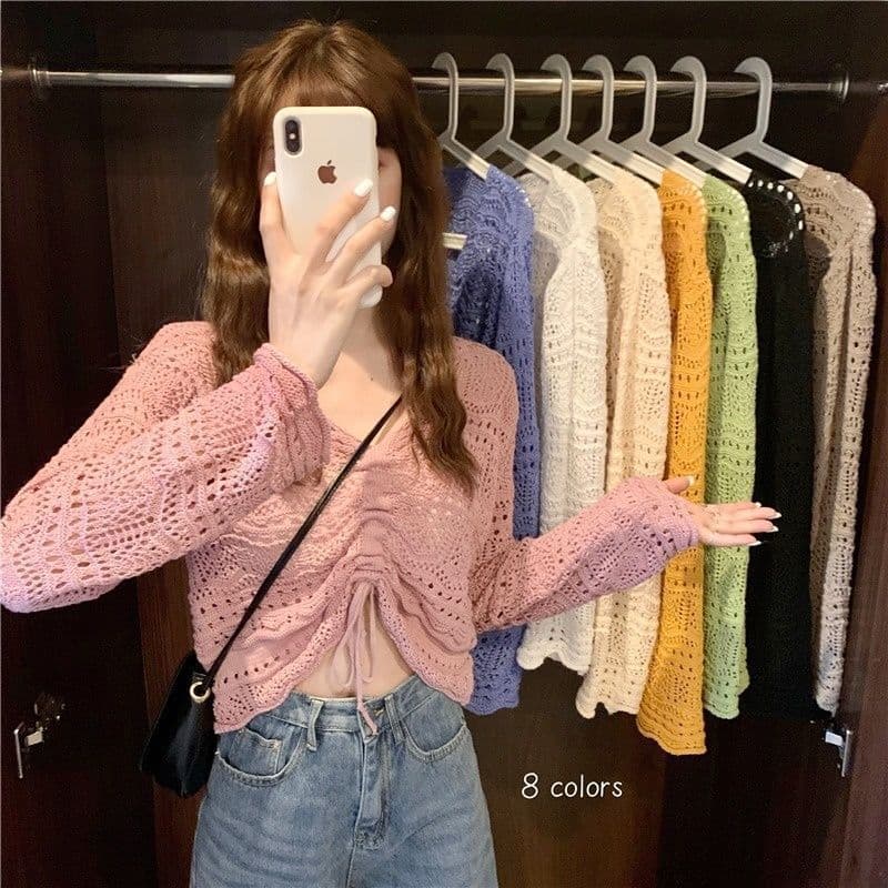 Small Fragrant Hollow V-neck Long-sleeved Sweater Women's 2025 New Spring and Autumn Thin Loose Drawstring Sunscreen Top