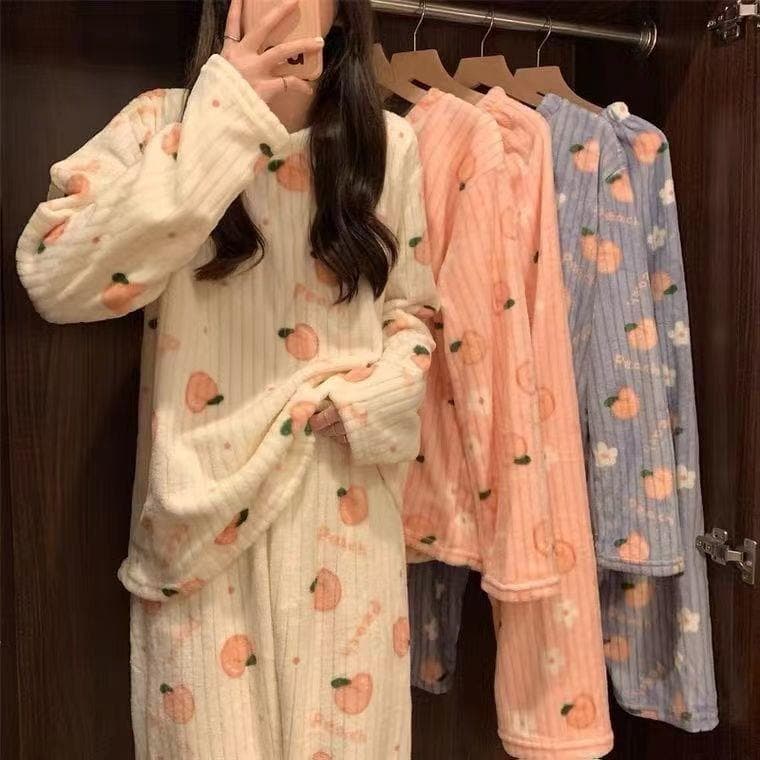 Set Fairy Bear Peach Strip Printed Warm Set Women's Winter Thickened Pajamas Warm Large Size Home Clothes