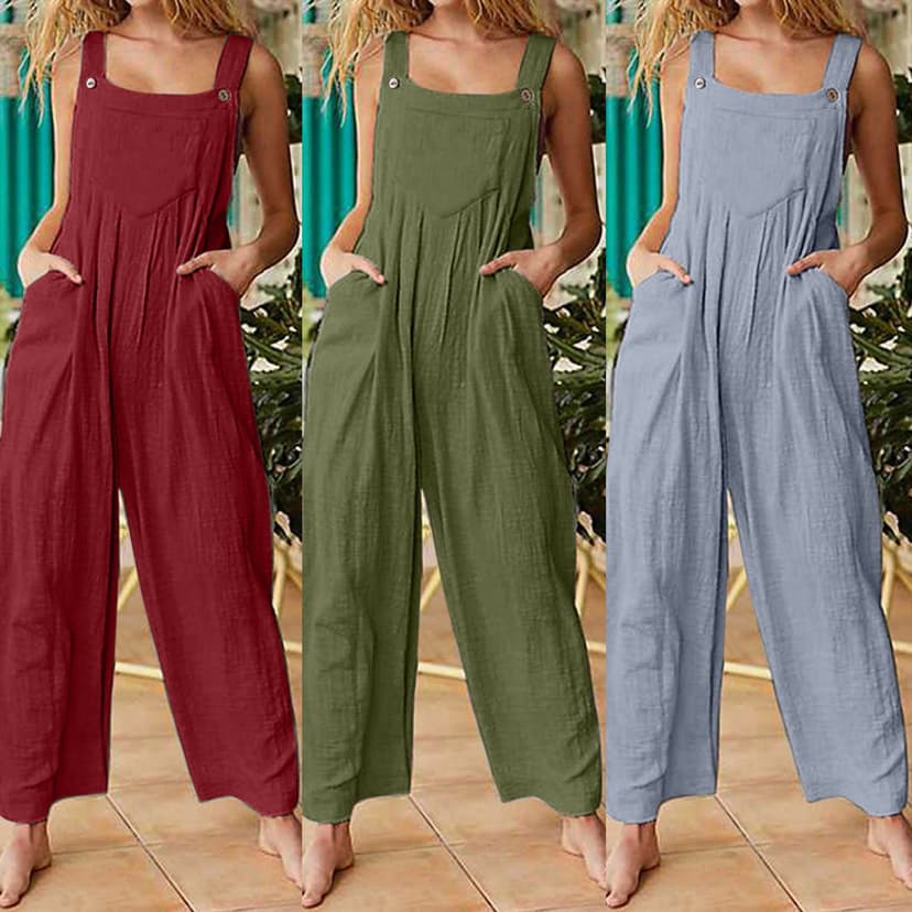Amazon Wish Cross-Border Women's Independent Station Summer New Women's Solid Color Side Flap Pocket Pants Loose Overalls