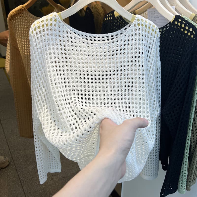 Kaning European Long-Sleeved Cut Out Knitted Mesh Shirt for Women 2025 Summer and Autumn New Mesh Blouse New Top Mesh