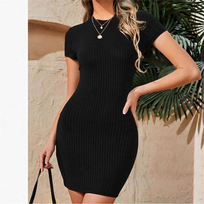 Short-Sleeved Dress Cross-Border European and American Export Aliexpress Hot Sale 2024 New Round Neck Short-Sleeved Knitted Dress