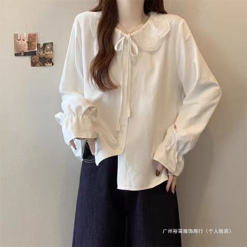 White Sweet Doll Collar Long Shirt French Design Spring and Autumn New Style Niche Loose Age-Reducing Lace-Up Shirt