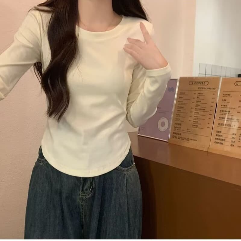 Derong Long-Sleeved T-Shirt for Women in Autumn and Winter with Asymmetrical Design, Short Pure White Small Inner Layering Shirt Top