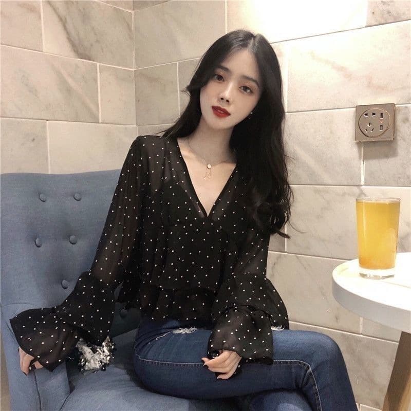 Korean Style Chic Sweet Ruffled Polka Dot Slightly See-Through Chiffon Shirt for Women V Neck Loose Bell Sleeves Flesh-Covering Top Summer