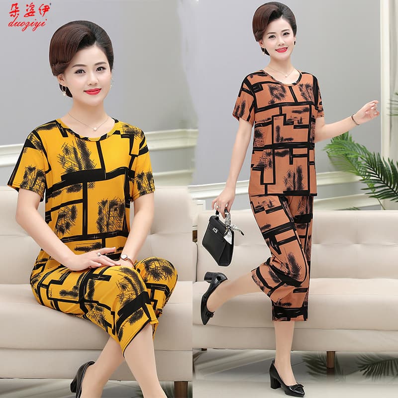 Factory spot middle-aged and elderly mother summer two-piece suit middle-aged woman women's suit middle-aged and elderly suit