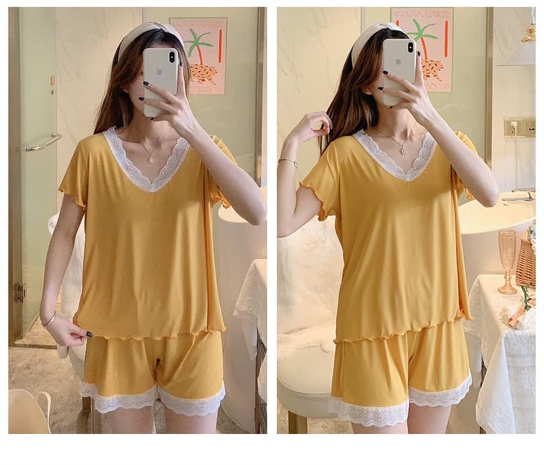 Summer Solid Color Ice Silk Thread Short Sleeve Shorts Pajamas Set Princess Style Lace Sweet Home Clothes Women Wholesale