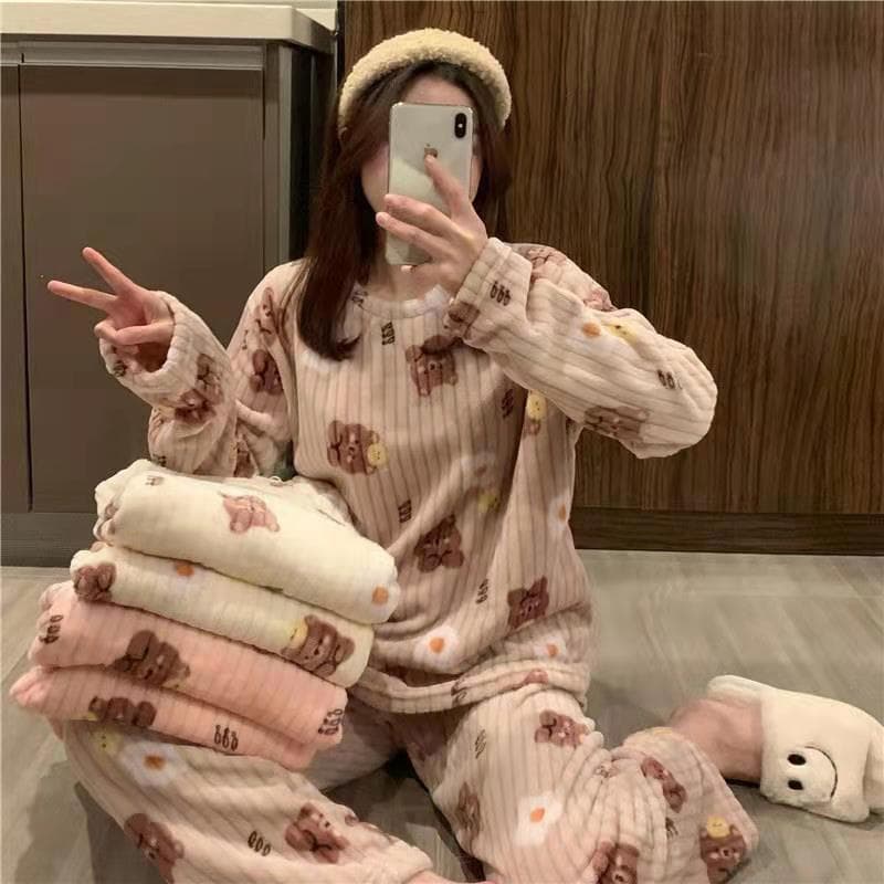 Winter Bear Suit Coral Velvet Fleece-Lined Thickened Warm Round-Neck Pajamas Women's Casual Home Wear Mid-Length