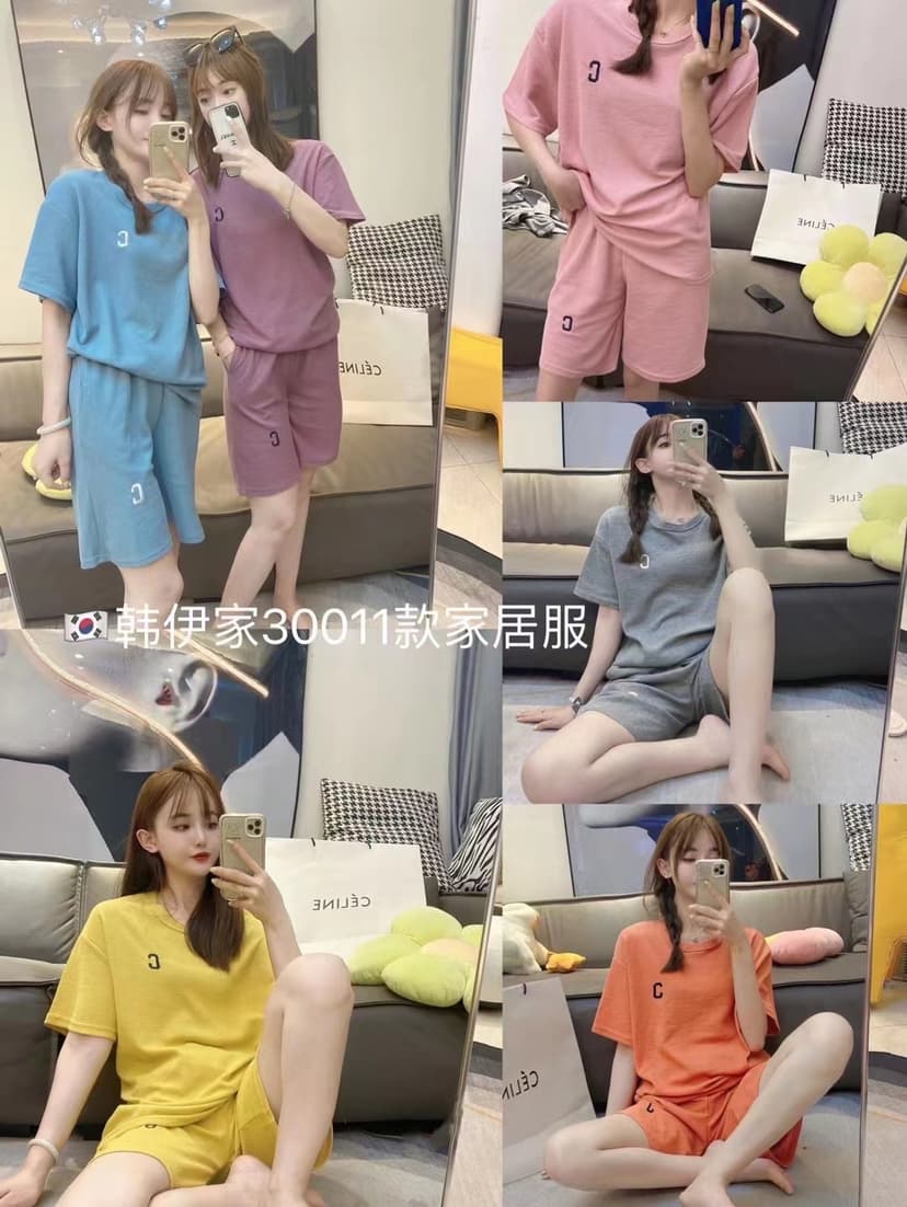New Korean-style Women's Waffling Pure Cotton Pajamas Home Clothes C- shaped Short-sleeved T-shirt Casual Five-point Pants Two-piece Set