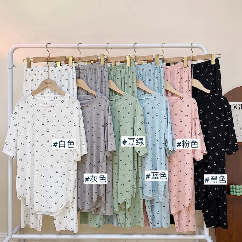 Ice Silk Printed Thin Pajama Set for Women 2022 Summer New Short-Sleeved Long Pants Home Wear Two-Piece Set Summer