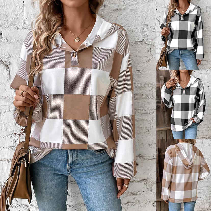 Europe and the United States cross-border autumn and winter new women's neutral plaid printing loose casual fashion button long sleeve hooded sweater