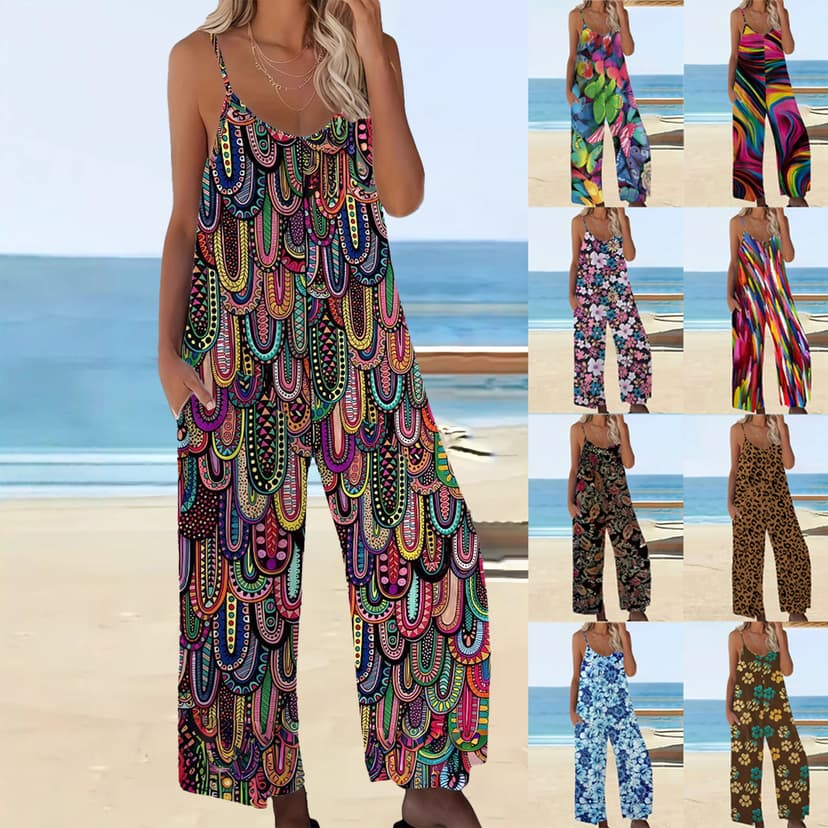 2025 Summer European and American Foreign Trade Fashion Elegant Amazon Holiday Style Ethnic Style Pocket plus size Women's Jumpsuit