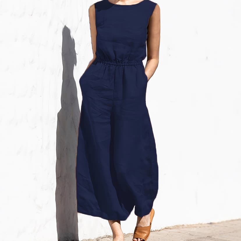 European and American Cross-Border Fashion Jumpsuit Independent Station Solid Color Casual Elegant Waist-Cinching Women's Cotton and Linen Sleeveless Long Pants