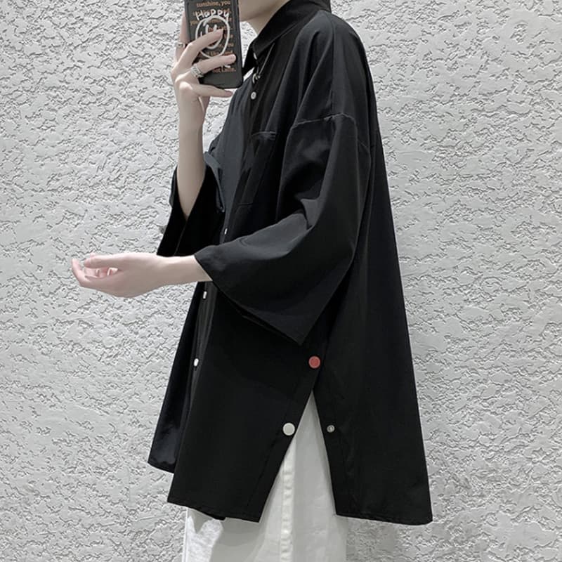 Short-Sleeve Shirt for Men, Japanese Style Trendy Brand Design, Loose and Trendy Hong Kong Style Couple's Three-Quarter Sleeve Side Button Split Shirt