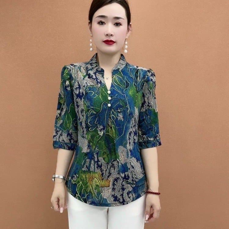 Summer Middle-aged MoTher's RighT Shoulder ShirT New 2024 ShorT-sleeved Fashion Loose T-shirT ComforTable ElasTic Mid-sleeve ShirT